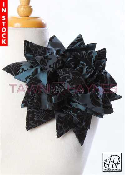 Tawni Haynes Petal Flower Pin (11 inch) - Jade & Black Damask Taffeta