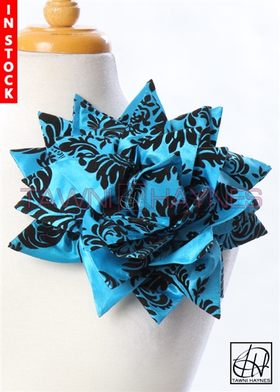 Tawni Haynes Petal Flower Pin (11 inch) - Turquoise & Black Damask Taffeta