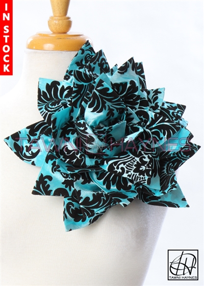 Tawni Haynes Petal Flower Pin (12 inch) - Tiffany Blue & Black Damask Taffeta