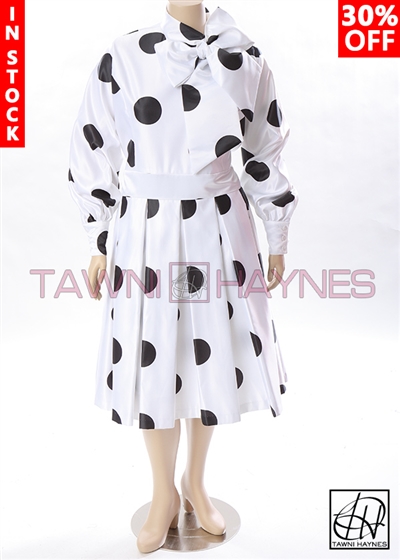 Tawni Haynes In-Stock Pleated Bow Dress in Polka-Dot Poly Satin