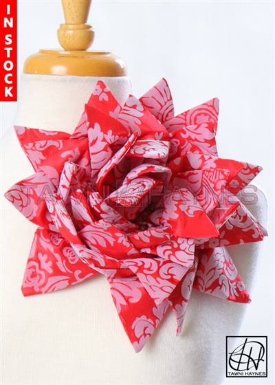 Tawni Haynes Petal Flower Pin (10 inch) - Red Grey Damask Taffeta