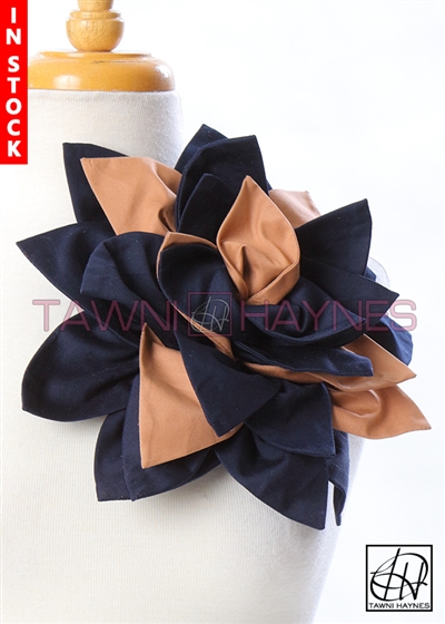 Tawni Haynes Petal Flower Pin (11 inch) - Navy/Tan Stretch Cotton