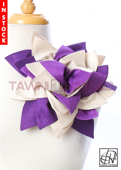 Tawni Haynes Petal Flower Pin (11 inch) - Purple/Champagne Stretch Taffeta