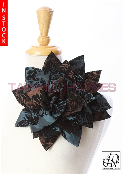 Tawni Haynes Petal Flower Pin (12 inch) - Jade Brown Damask Taffeta