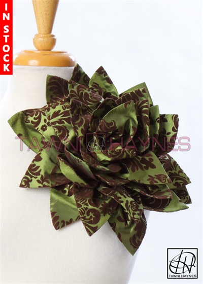 Tawni Haynes Petal Flower Pin 12in - Olive & Chocolate Damask