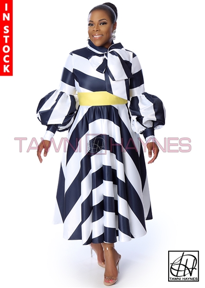Tawni Haynes In-Stock Swing Bow Dress in Striped Poly Satin