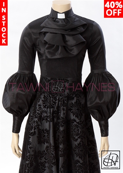 Tawni Haynes In-Stock Winding Ruffle Clergy Blouse in Solid Stretch Taffeta