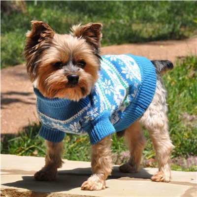 Combed Cotton Snowflake and Hearts Dog Sweater-Blue