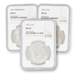 1921 Morgan Dollar-3-piece Set-Philadelphia, Denver, and San Francisco Mints-NGC 62