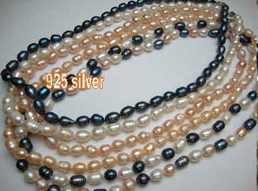 38406 7-8mm Rice Shape Fresh Water Pearl Necklace 18" w/925 Silver 11mm Claps