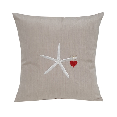 Embroidered Starfish & Heart Pillow on Flax - Valentine's Day Gift | Nantucket Bound