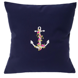 Anchor with Garland of Flowers on Navy Blue Nautical Pillow | Nantucket Bound