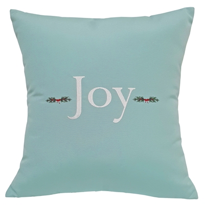 Joy with Country Pine Boughs Pillow in Glacier Blue Sunbrella Fabric for Christmas | Nantucket Bound