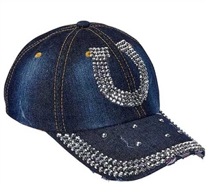 Denim & Bling Horseshoe Cap Showoff your horse enthusiasm with this trendy distressed denim and bling ball cap. Featuring hundreds of dazzling crystals, and a easy adjust back the perfect hat for a sunny day! Find the best prices at Horse Lovers Outlet!