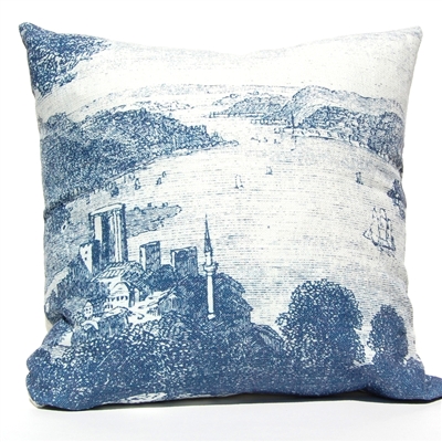 Ships in Harbor Engraving  Pillow - Navy