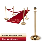 Brass Stanchion Kit: 4 + 3 velvet ropes (Ball Top with Dome Base)