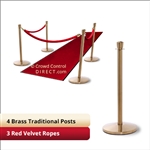 Brass Stanchion Kit: 4 + 3 velvet ropes (Crown Top with Flat Base)