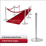 Stainless Steel Stanchion Kit: 6 + 5 velvet ropes (Crown Top with Flat Base)