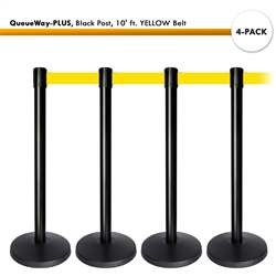 Kit: 4 QueueWay-PLUS Stantions, Black Post, 10' ft. Yellow Belt