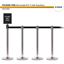 SET: 4 POLISHED STEEL Retractable 8.5' ft. Belt Stanchions, with Sign