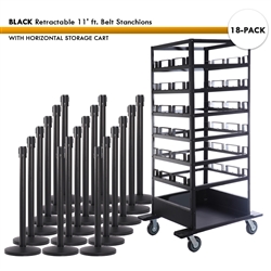 SET: 18 BLACK Retractable 11' ft. Belt Stanchions, with Horizontal Storage Cart