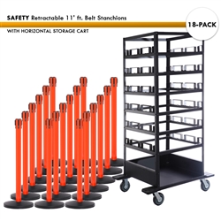 SET: 18 SAFETY Retractable 11' ft. Belt Stanchions, with Horizontal Storage Cart