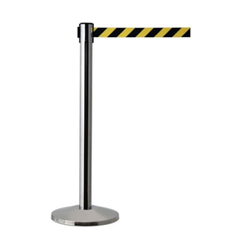 QueueWay Retractable Belt Stanchion,  Satin Stainless Post, BLACK/YELLOW 7.5' ft. Belt