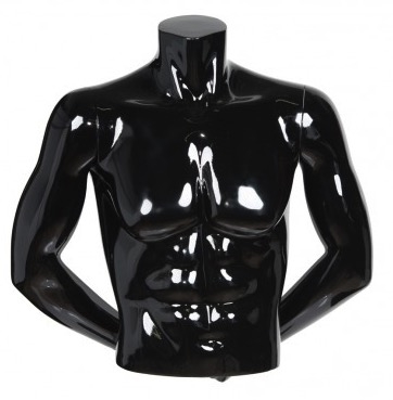 HEADLESS MALE GLOSSY BLACK FREESTANDING 1/2 TORSO FORM WITH ARMS
