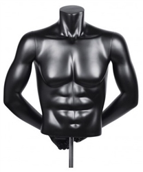 HEADLESS MALE MATTE BLACK FREESTANDING 1/2 TORSO FORM WITH ARMS