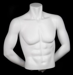 HEADLESS MALE MATTE WHITE FREESTANDING 1/2 TORSO FORM WITH ARMS