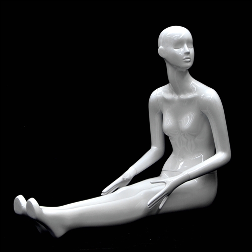 Slender Abstract Female Mannequin Glossy White Floor Seated Pose