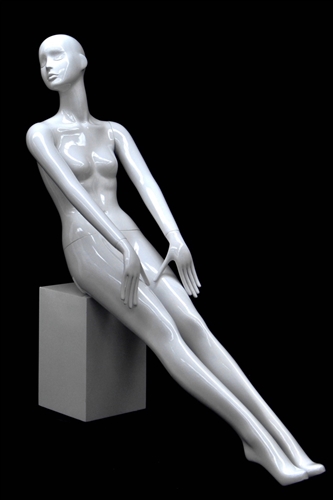 Slender Abstract Female Mannequin Glossy White Seated Pose