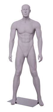 Matte Grey Male Mannequin with Athletic Build.  This mannequin has his arms at his sides in a strong, athletic pose.  Made of fiberglass.