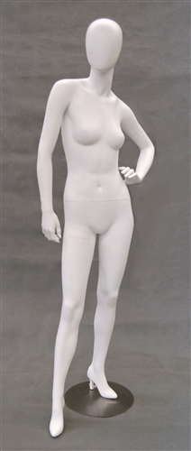 Egghead Matte White female mannequin with left arm on hip.