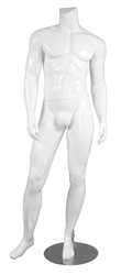 Male Mannequin Glossy White Headless Changeable Heads - Right Leg Out