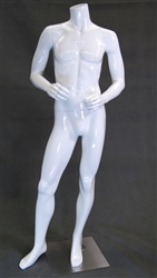 Headless Male Mannequin in Glossy White with Straight On Pose  and Arms Bent from www.zingdisplay.com