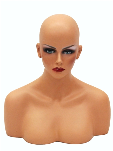 Female Display Head with Shoulder Bust in Tan. Nice counter top head display for jewelry, hats or wigs