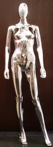 Unbreakable Plastic Female Egghead Mannequin in Glossy Chrome from Zing Display.