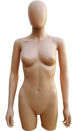 Egghead Fiberglass Female 3/4 Torso in breakable plastic from www.zingdisplay.com. Standing pose with arms at her side. Durable plastic ideal for trade shows or busy showrooms.