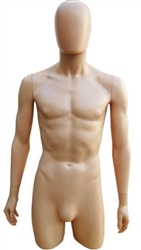 Realistic Fiberglass Male 3/4 Torso from www.zingdisplay.com.  Standing pose with arms at his side. Durable plastic ideal for trade shows or busy showrooms.