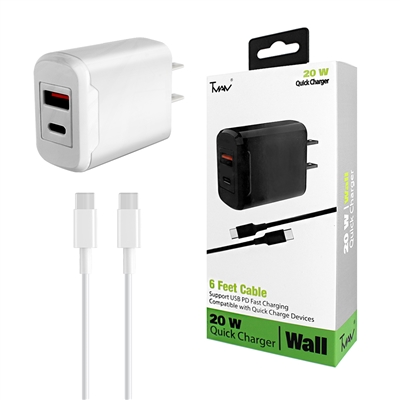 PD Quick Charger 2 IN 1 Wall Charger 20W Wall Charger For Android Phone USB C/ TYPE C White