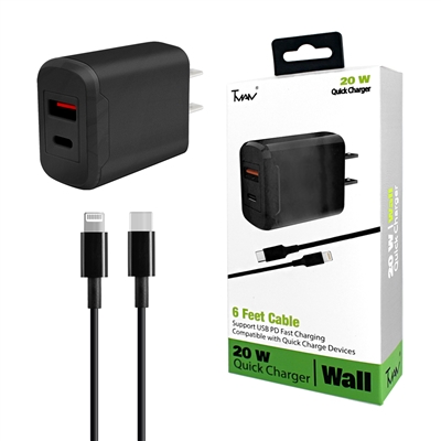PD Quick Charger 2 IN 1 Wall Charger 20W Wall Charger For Apple Lightning iPhone 12/13 Black