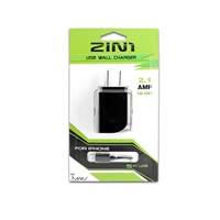 2 IN 1 Wall Charger 2.1 Amp For Apple Lightning iPhone 5/6/7/8 Black (Green PK)