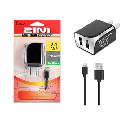 2 IN 1 Wall Charger 2.1 Amp For Apple Lightning iPhone 5/6/7/8 Black