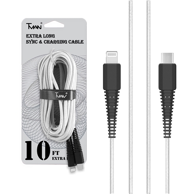 For USB C to iPhone Lightning 18W Braided Nylon USB Cable 10 ft White