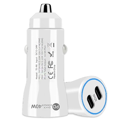 PD 20W + PD 20W DUAL TYPE-C OUTPUTS QUICK CAR CHARGER ADAPTER WHITE
