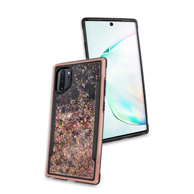 Samsung Galaxy Note 10 Liquid Glitter Quicksand Slim Chrome Edge Clear Back Cover Case HYB33G Rose Gold