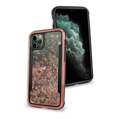 iPhone 11 Pro Max (6.5") Liquid Glitter Quicksand Slim Chrome Edge Clear Back Cover Case HYB33G Rose Gold