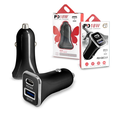 Quick Charger PD 18W USB-C + USB Car Auto Adapter Black