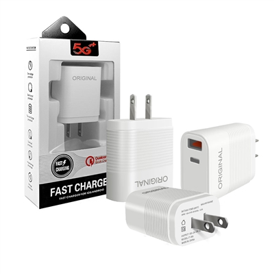 PD Charger USB-C and USB A Dual Port Wall Adapter White